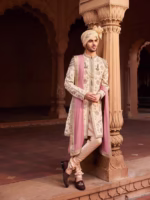 Beige Gulzar Sherwani with Kurta, Churidar and Dupatta