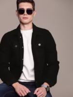 Men Black Solid Denim Jacket - Image 2
