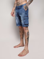 Mens Blue Distressed Cargo Denim Shorts - Image 2