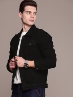 Men Black Solid Denim Jacket - Image 4