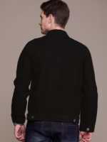 Men Black Solid Denim Jacket - Image 5